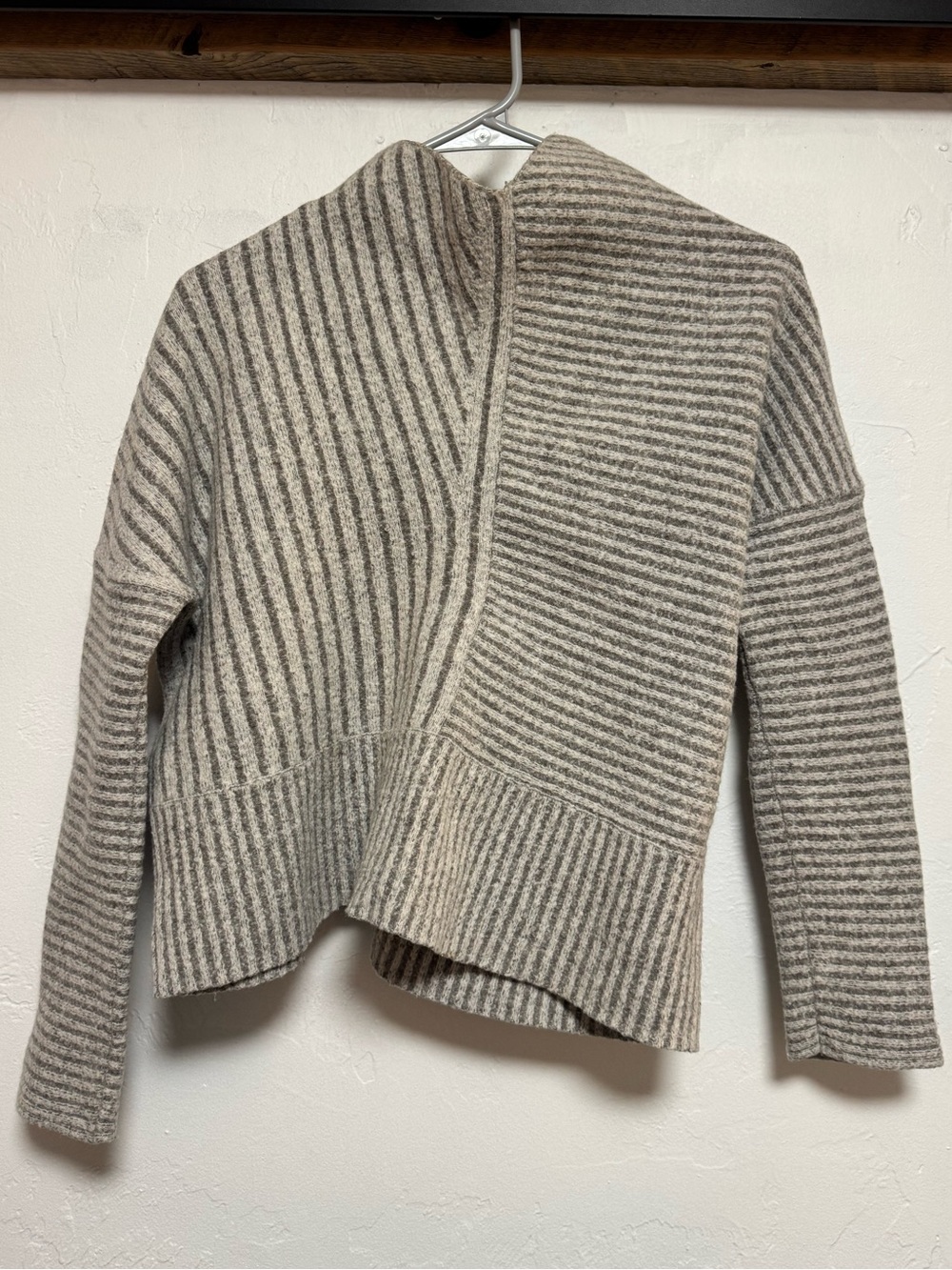 AllSaints Terra Striped Asymmetric Ribbed Cardigan - Taupe and Light Gray